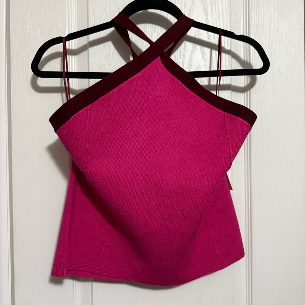 Women's Pink Halter Knit Tank with Brown Trim - Picture 4 of 6
